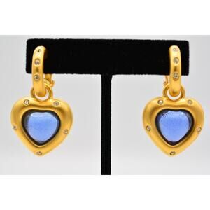 Givenchy Vintage Clip On Earrings Blue Cabochon Heart Brushed Gold Signed BinAO